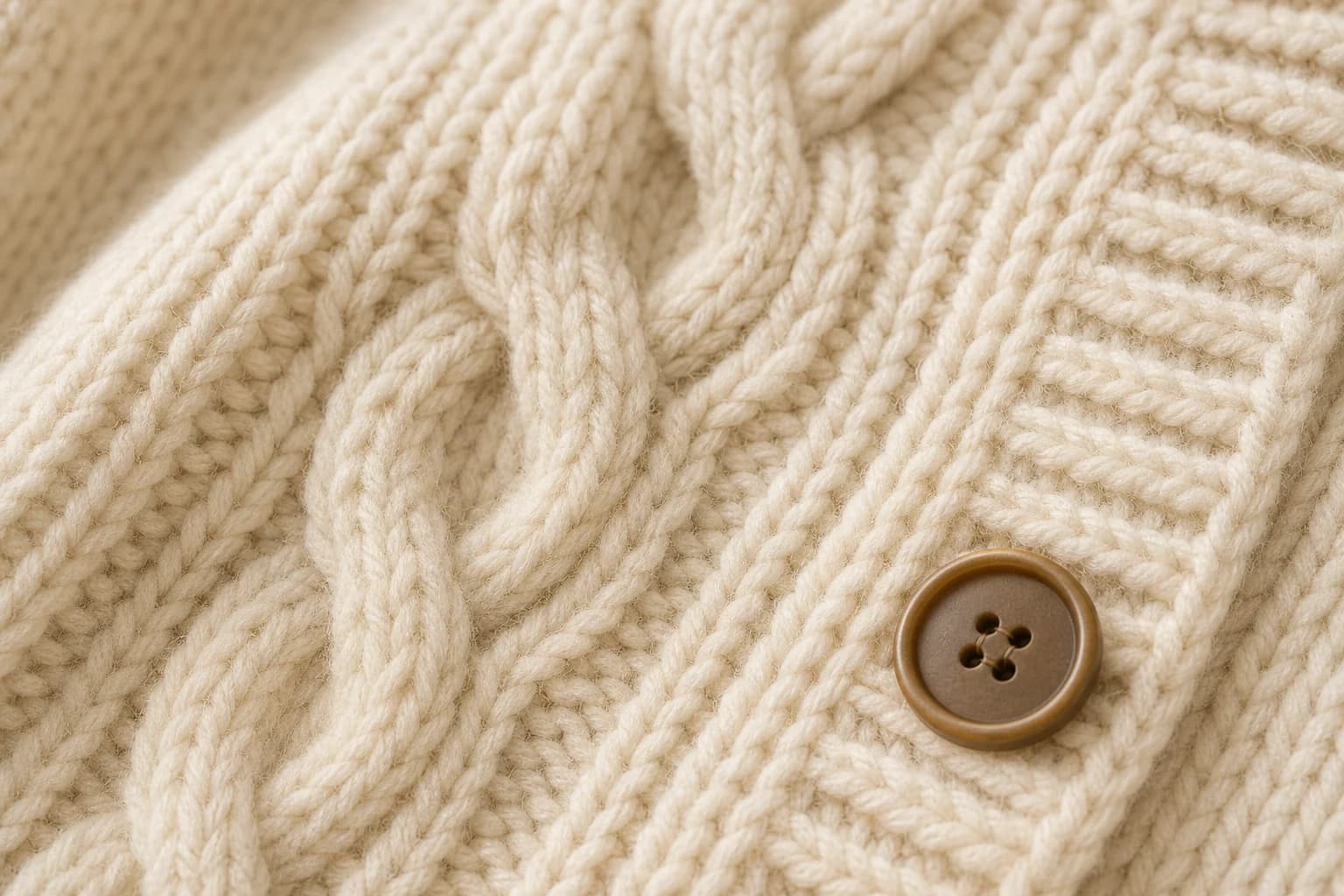 Close detail of cream cable knit and a brown button