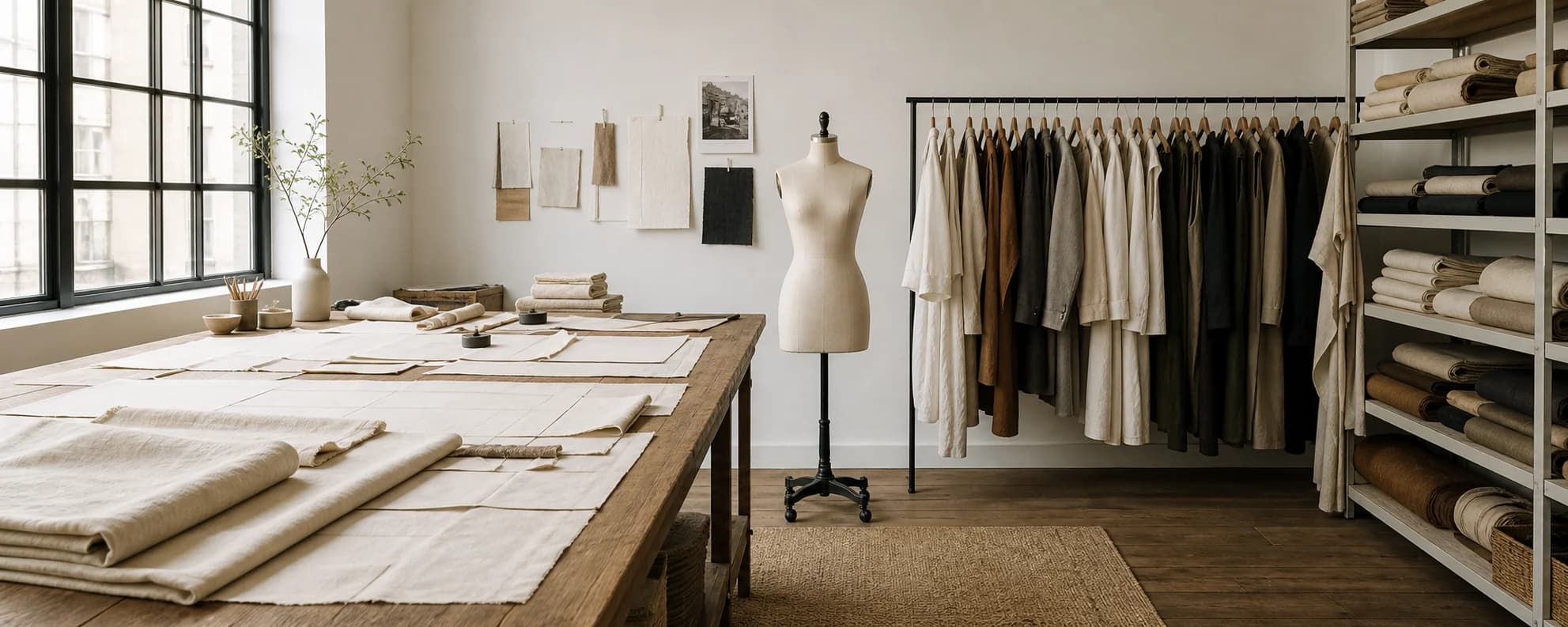 A light-filled fashion atelier with a cutting table and clothing rail